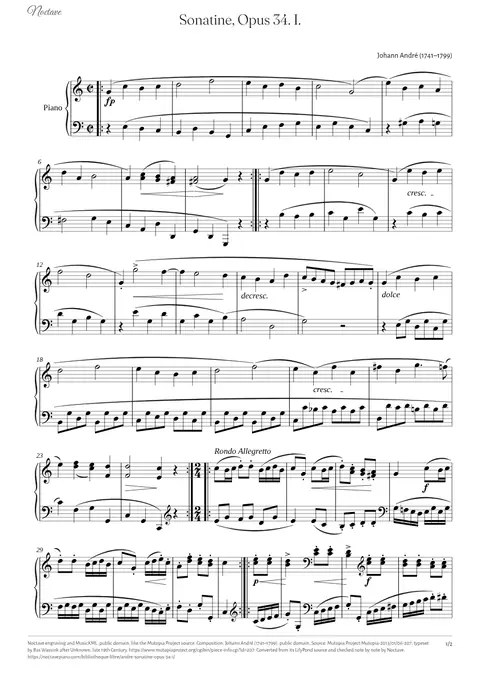 Première page de la partition de Sonatine, Opus 34. I.