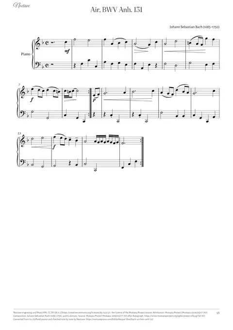 Première page de la partition de Air, BWV Anh. 131