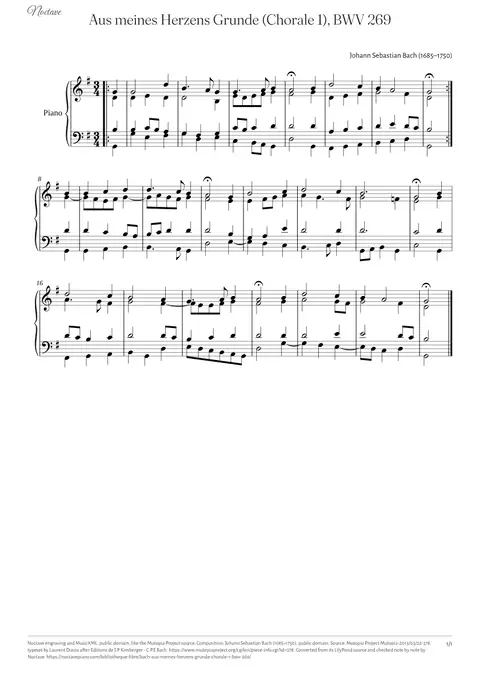 First page of the score of Aus meines Herzens Grunde (Chorale 1), BWV 269