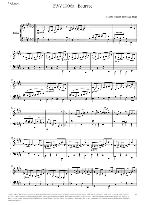 Première page de la partition de BWV 1006a - Bourrée