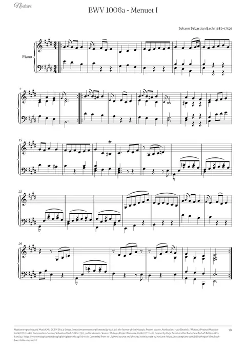 Première page de la partition de BWV 1006a - Menuet I