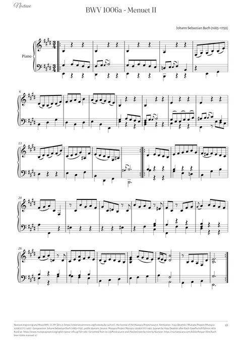 Première page de la partition de BWV 1006a - Menuet II