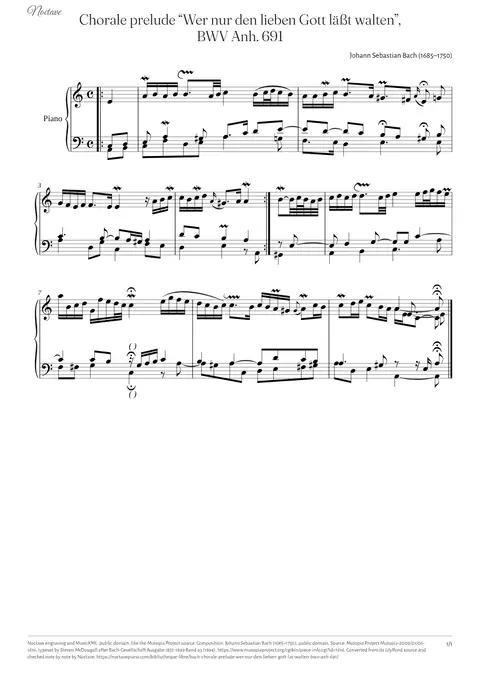 Première page de la partition de Chorale prelude “Wer nur den lieben Gott läßt walten”, BWV Anh. 691