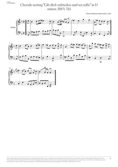 Première page de la partition de Chorale setting "Gib dich zufrieden und sei stille" in D minor, BWV 511