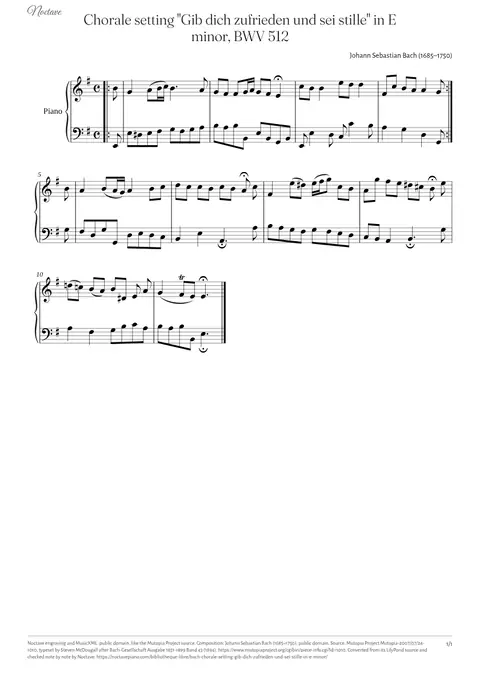First page of the score of Chorale setting "Gib dich zufrieden und sei stille" in E minor, BWV 512