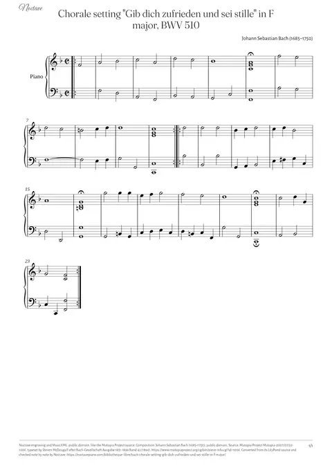 Première page de la partition de Chorale setting "Gib dich zufrieden und sei stille" in F major, BWV 510