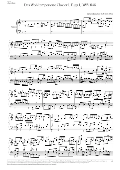 First page of the score of Das Wohltemperierte Clavier I, Fuga I, BWV 846
