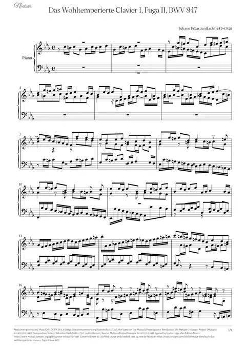 First page of the score of Das Wohltemperierte Clavier I, Fuga II, BWV 847