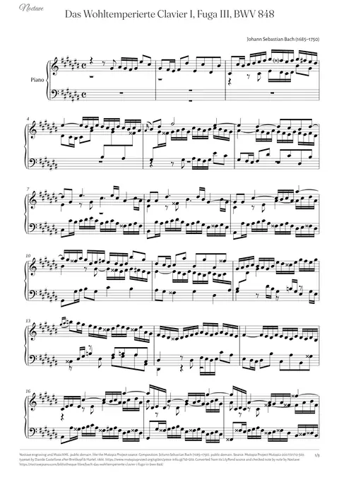 First page of the score of Das Wohltemperierte Clavier I, Fuga III, BWV 848
