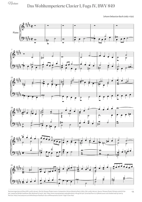 Première page de la partition de Das Wohltemperierte Clavier I, Fuga IV, BWV 849