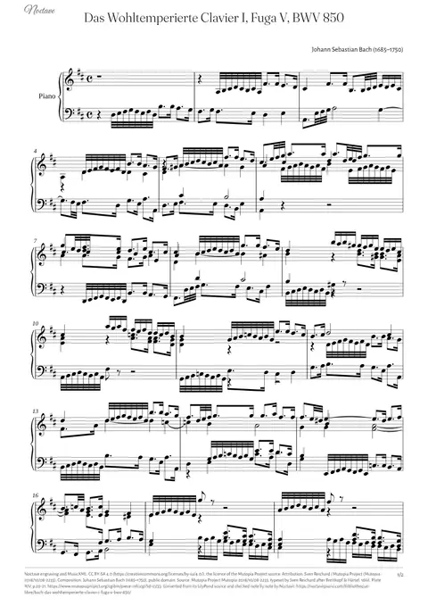 First page of the score of Das Wohltemperierte Clavier I, Fuga V, BWV 850