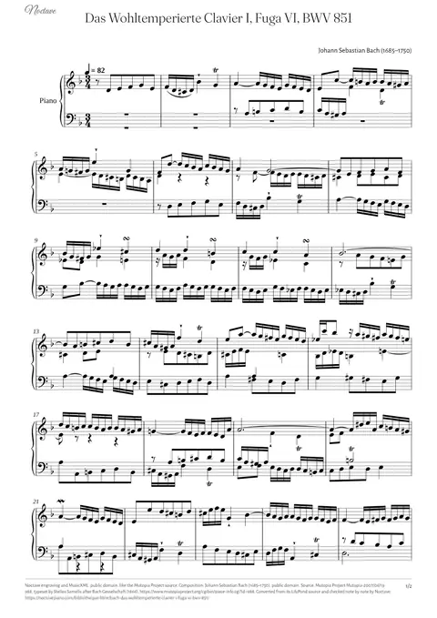 Première page de la partition de Das Wohltemperierte Clavier I, Fuga VI, BWV 851
