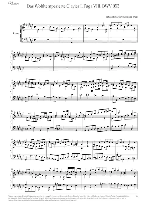 Première page de la partition de Das Wohltemperierte Clavier I, Fuga VIII, BWV 853