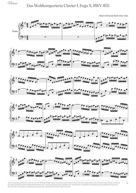 Première page de la partition de Das Wohltemperierte Clavier I, Fuga X, BWV 855