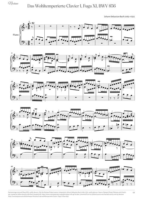 Première page de la partition de Das Wohltemperierte Clavier I, Fuga XI, BWV 856