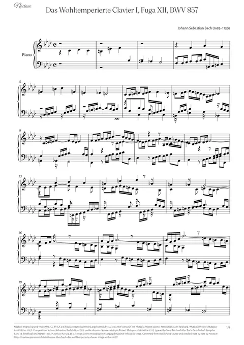 First page of the score of Das Wohltemperierte Clavier I, Fuga XII, BWV 857