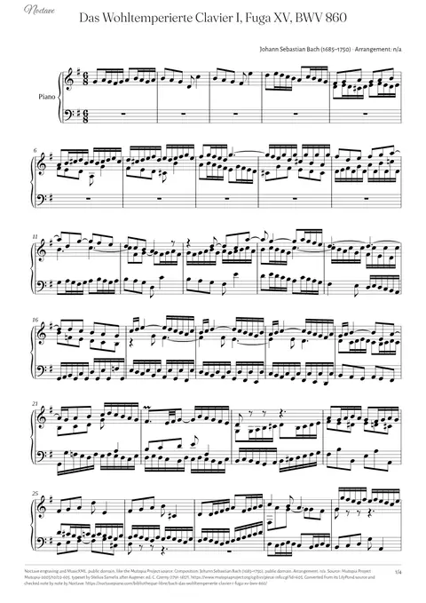Première page de la partition de Das Wohltemperierte Clavier I, Fuga XV, BWV 860