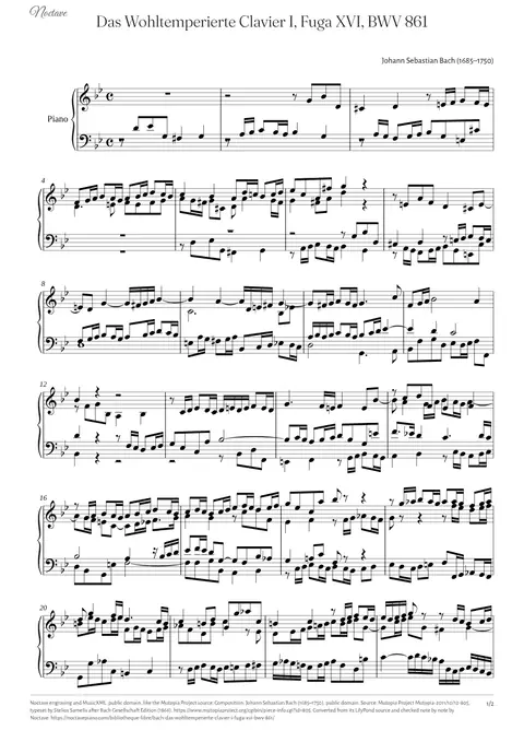 Première page de la partition de Das Wohltemperierte Clavier I, Fuga XVI, BWV 861