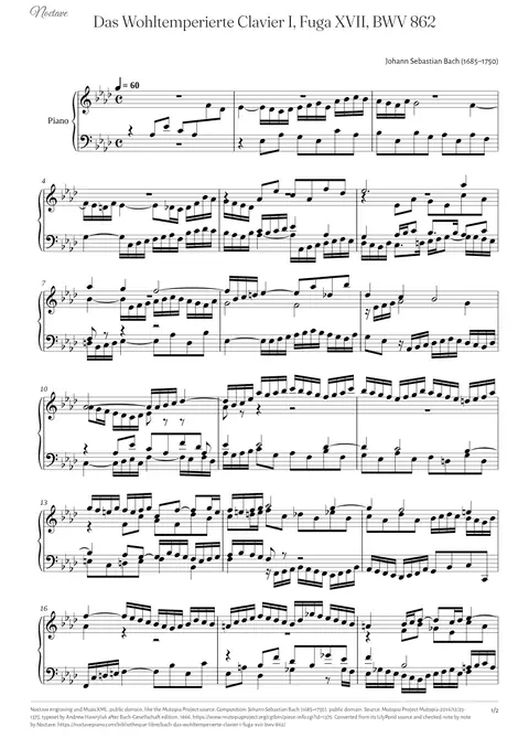 Première page de la partition de Das Wohltemperierte Clavier I, Fuga XVII, BWV 862