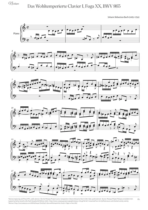 Première page de la partition de Das Wohltemperierte Clavier I, Fuga XX, BWV 865