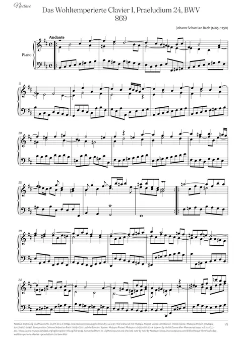 Première page de la partition de Das Wohltemperierte Clavier I, Praeludium 24, BWV 869