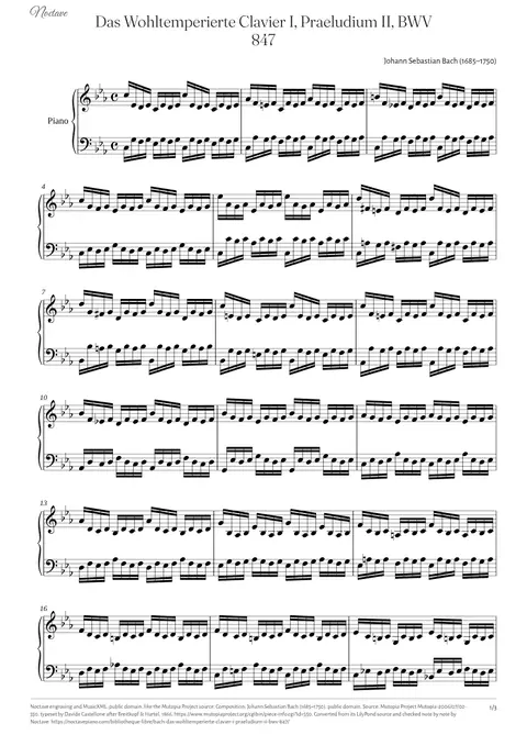 Première page de la partition de Das Wohltemperierte Clavier I, Praeludium II, BWV 847