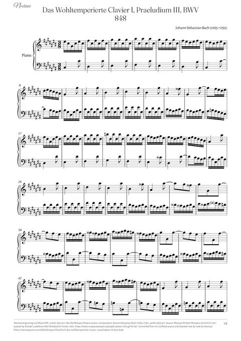 Première page de la partition de Das Wohltemperierte Clavier I, Praeludium III, BWV 848