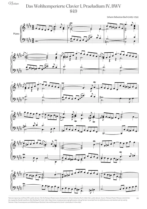 First page of the score of Das Wohltemperierte Clavier I, Praeludium IV, BWV 849