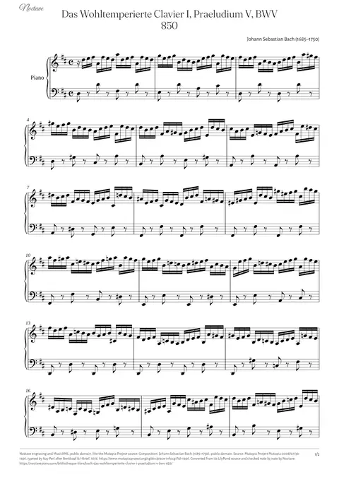 First page of the score of Das Wohltemperierte Clavier I, Praeludium V, BWV 850