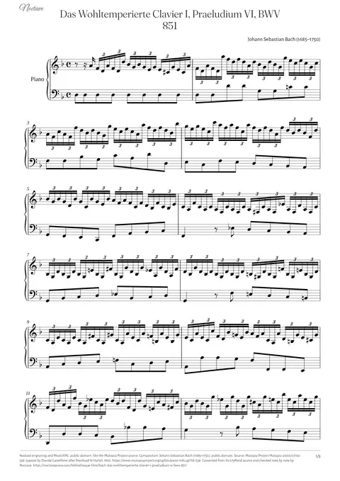 Première page de la partition de Das Wohltemperierte Clavier I, Praeludium VI, BWV 851