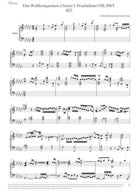 Première page de la partition de Das Wohltemperierte Clavier I, Praeludium VIII, BWV 853
