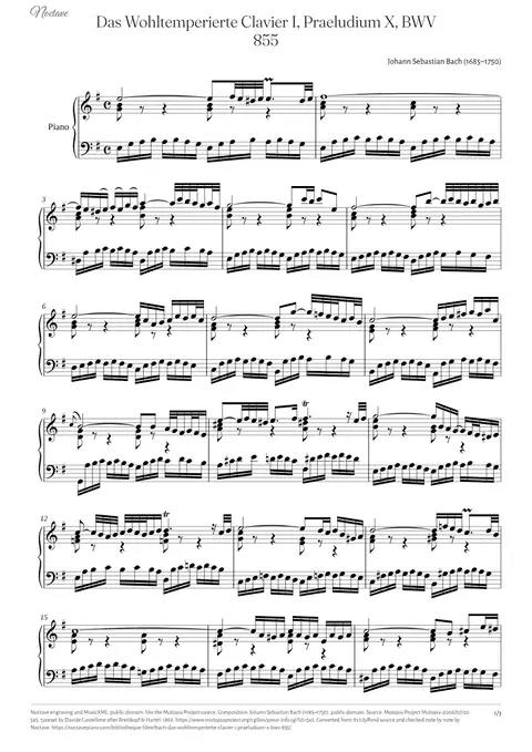 Première page de la partition de Das Wohltemperierte Clavier I, Praeludium X, BWV 855