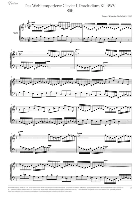 Première page de la partition de Das Wohltemperierte Clavier I, Praeludium XI, BWV 856