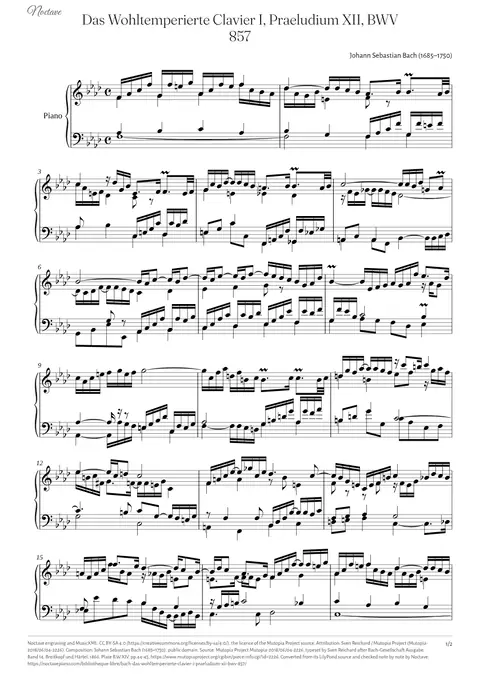 Première page de la partition de Das Wohltemperierte Clavier I, Praeludium XII, BWV 857