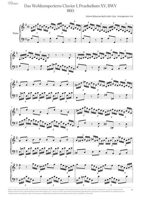 Première page de la partition de Das Wohltemperierte Clavier I, Praeludium XV, BWV 860