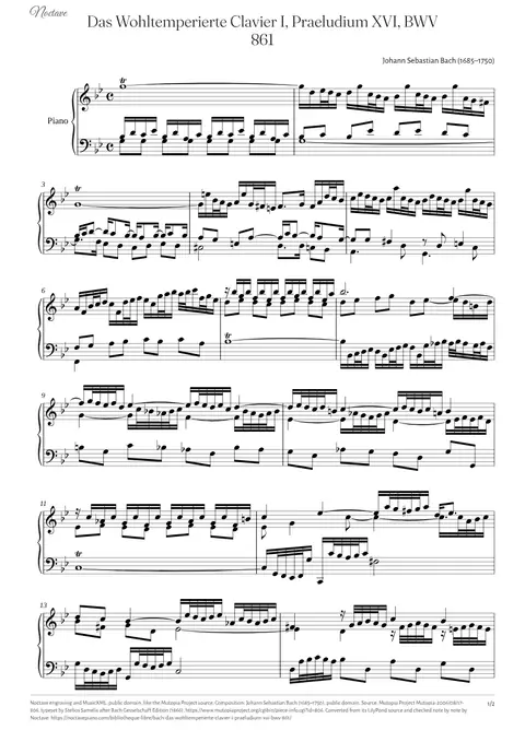 Première page de la partition de Das Wohltemperierte Clavier I, Praeludium XVI, BWV 861
