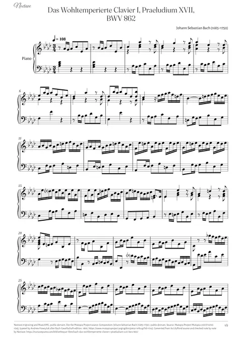 Première page de la partition de Das Wohltemperierte Clavier I, Praeludium XVII, BWV 862