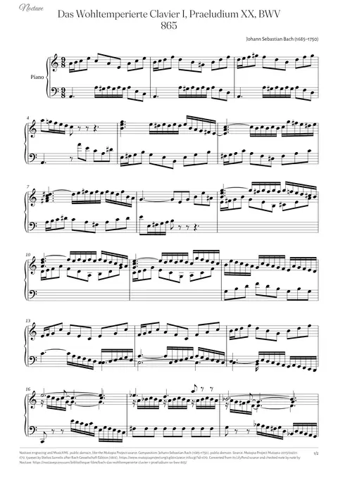 First page of the score of Das Wohltemperierte Clavier I, Praeludium XX, BWV 865