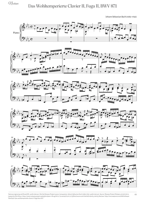 Première page de la partition de Das Wohltemperierte Clavier II, Fuga II, BWV 871