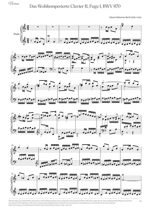 Première page de la partition de Das Wohltemperierte Clavier II, Fuga I, BWV 870
