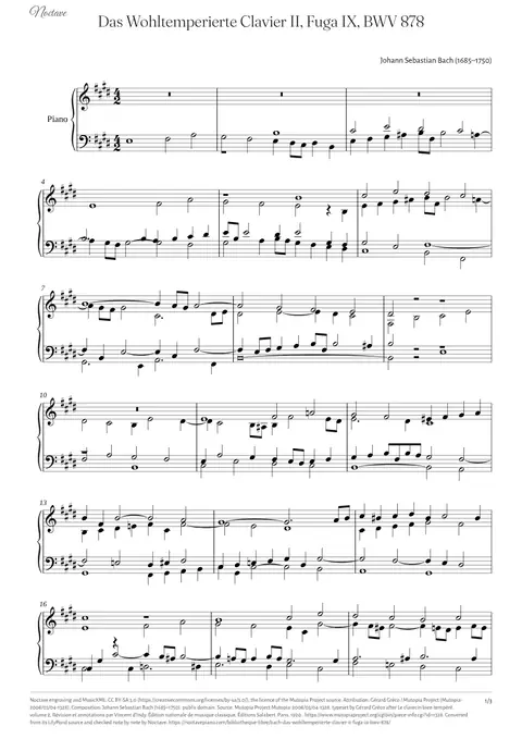 Première page de la partition de Das Wohltemperierte Clavier II, Fuga IX, BWV 878