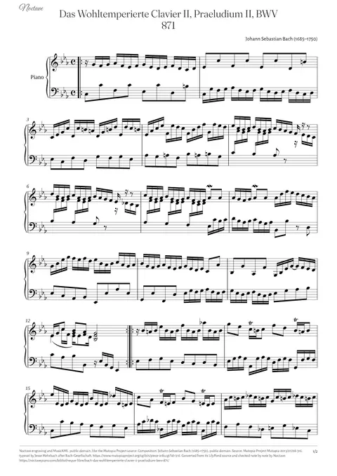 First page of the score of Das Wohltemperierte Clavier II, Praeludium II, BWV 871