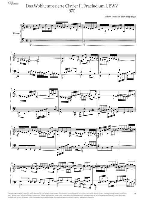 Première page de la partition de Das Wohltemperierte Clavier II, Praeludium I, BWV 870