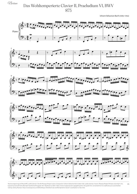 Première page de la partition de Das Wohltemperierte Clavier II, Praeludium VI, BWV 875
