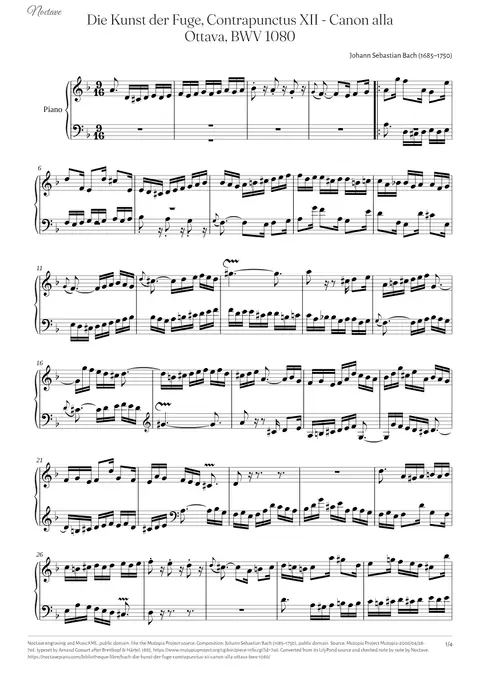 Première page de la partition de Die Kunst der Fuge, Contrapunctus XII - Canon alla Ottava, BWV 1080