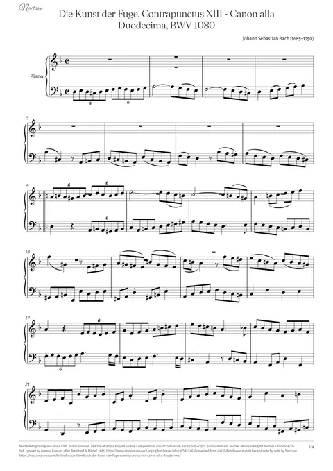Première page de la partition de Die Kunst der Fuge, Contrapunctus XIII - Canon alla Duodecima, BWV 1080
