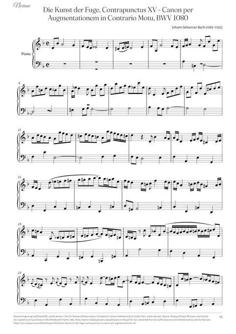 First page of the score of Die Kunst der Fuge, Contrapunctus XV - Canon per Augmentationem in Contrario Motu, BWV 1080