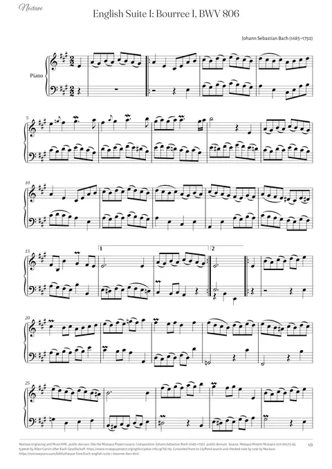 Première page de la partition de English Suite I: Bourree I, BWV 806