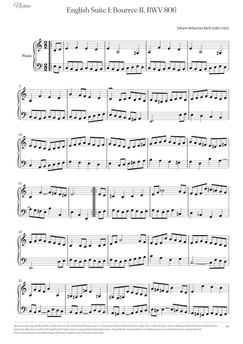 Première page de la partition de English Suite I: Bourree II, BWV 806