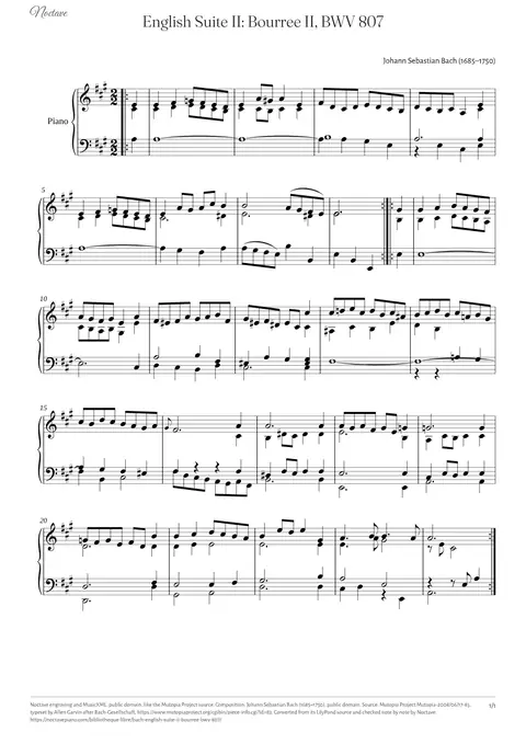 First page of the score of English Suite II: Bourree II, BWV 807